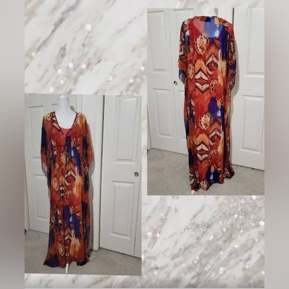 DASH by Kardashian bohemian orange blue yellow 2 piece kaftan dress size medium - Picture 1 of 16